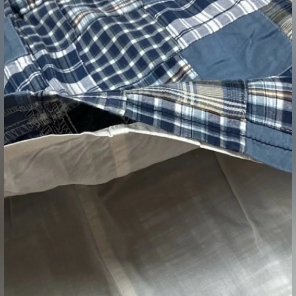 LOFT Patchwork Skirt Women Sz 12 Blue Madras Lined Zipper Button Pockets Preppy - Picture 4 of 10